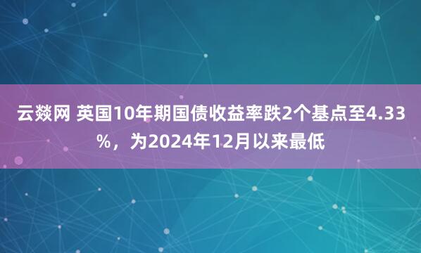 云燚网 英国10年期国债收益率跌2个基点至4.33%，为2024年12月以来最低